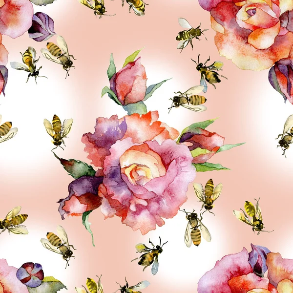 Mooi, rood, decoratief, tuin bloemen rozen en honing, zomer, rustiek, wild, insect bijen. Aquarel. Illustratie — Stockfoto