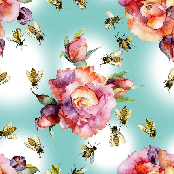 Schön, rot, dekorativ, Gartenblumen Rosen und Honig, Sommer, rustikal, wild, Insekten Bienen. Aquarell. Illustration — Stockfoto