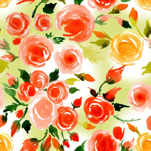 Rote, schöne Sommerrosen mit grünen Blättern. Aquarell. Illustration — Stockfoto