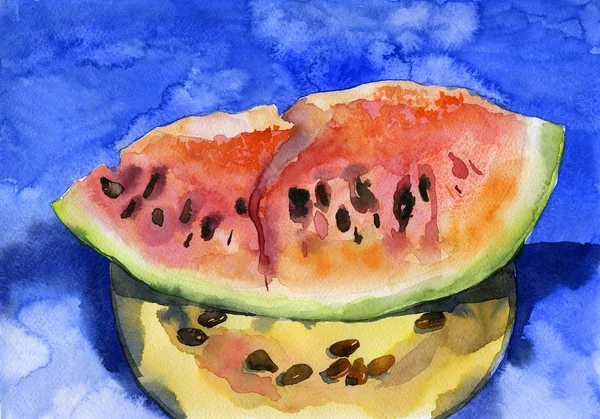 A ripe, southern piece of watermelon on a plate with bones. Watercolor. Illustration — Stock Photo, Image