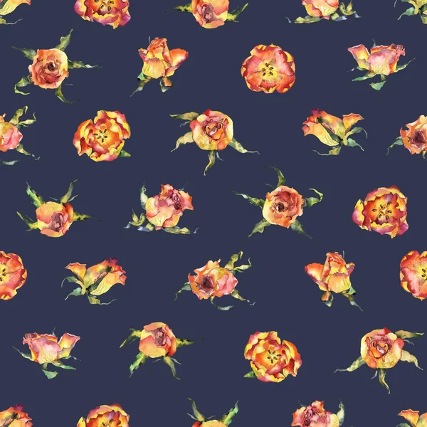 Miniatur-rosa Rosen und rote Tulpen. Aquarell. Illustration — Stockfoto