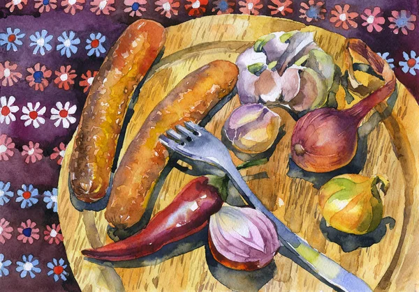 Rustic, homemade, juicy, appetizing, delicious lunch. Fried sausages and vegetables. Watercolor. Illustration — Stock Photo, Image