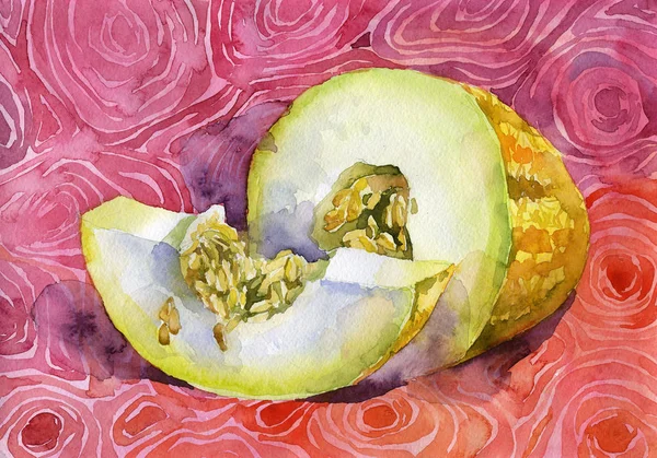 Zralé, voňavé, Jižní meloun. Akvarel, ilustrace — Stock fotografie