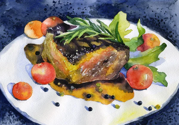 Steak grillé juteux avec tomates et assaisonnements. Aquarelle. Illustration — Photo