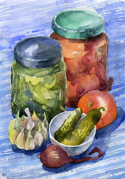 Puszkach warzyw. Warzywa w słoikach. Pomidory i ogórki. Akwarela. Ilustracja — Zdjęcie stockowe