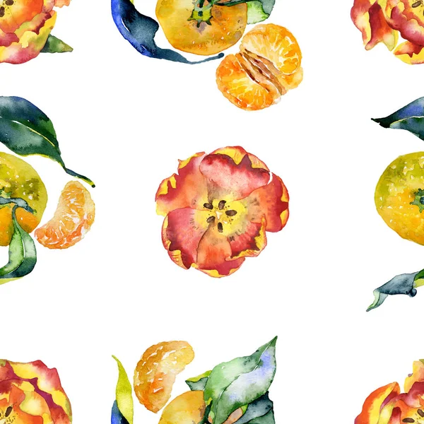 Červená, jaro, první tulipány. Krásné květiny a šťavnaté, chutné, čerstvé mandarinky. Akvarelem. Ilustrace — Stock fotografie