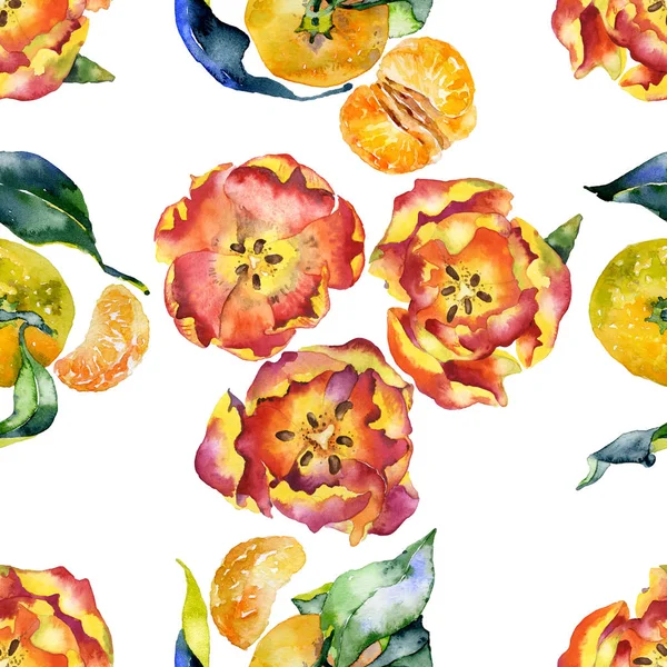 Rood, lente, eerste tulpen. Prachtige bloemen en sappig, smakelijk, vers mandarijnen. Aquarel. Illustratie — Stockfoto