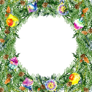 Yeni yıl, yılbaşı süsleri, oyuncaklar, figürinler Noel çelenk. Suluboya. İllüstrasyon