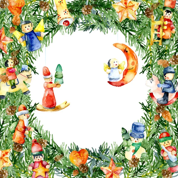 Új év, Karácsonyi koszorú, karácsonyi díszek, játékok, figurák. Akvarell. Illusztráció — Stock Fotó