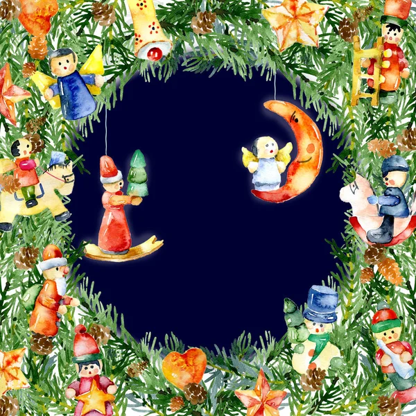 Új év, Karácsonyi koszorú, karácsonyi díszek, játékok, figurák. Akvarell. Illusztráció — Stock Fotó
