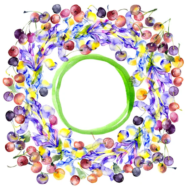 Festliga, givande, grönsaker, bär, blommig krans av iris och en röd, mogna körsbär. Akvarell. Illustration — Stockfoto