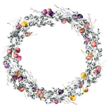 Şenlikli, Bahar, meyve, berry, orman, çayır, tarla, köy çelenk. Suluboya. Grafik Sanatlar. İllüstrasyon