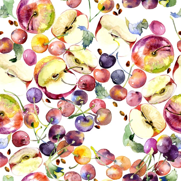 Rood, lekkere, rijpe kersen bessen en geurende, Tuin, herfst appels. Aquarel. Illustratie — Stockfoto