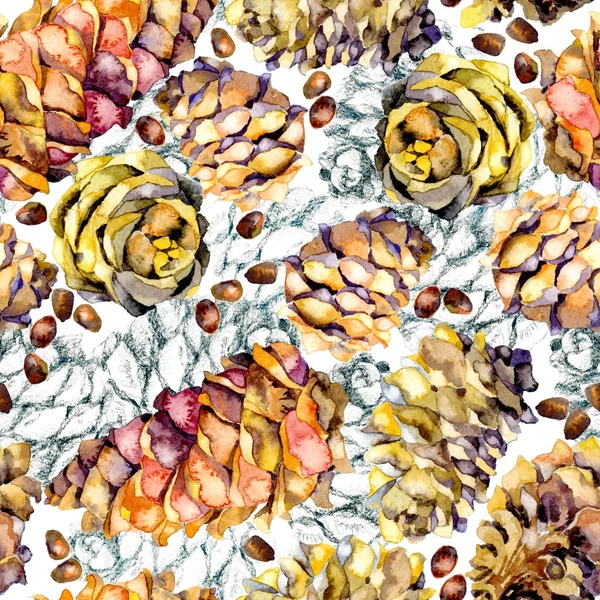 Conos de pino del bosque otoño. Acuarela. Ilustración. Patrón —  Fotos de Stock