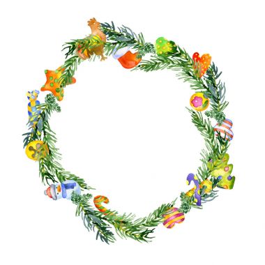 Yeni yıl, yılbaşı, bayram, Ladin, iğne yapraklı çelenk. Dekorasyon tatil için. Garland twigs, oyuncak, mandalina ve çerezleri. Suluboya. İllüstrasyon