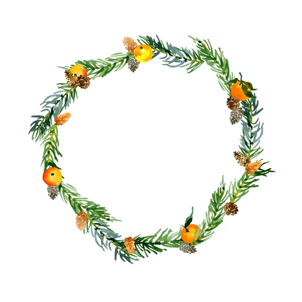 Nytt år, jul, festlig, spruce, barrträd krans. Dekoration för semestern. Krans av kvistar, leksaker, mandariner och cookies. Akvarell. Illustration — Stockfoto