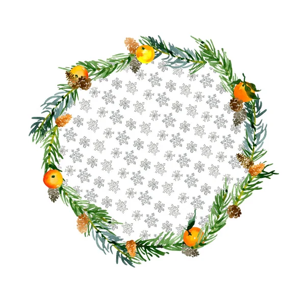 New Year, Christmas, festive, spruce, coniferous wreath. Decoration for the holiday. Garland of twigs, toys, mandarins and cookies. Watercolor. Illustration — Stock Photo, Image