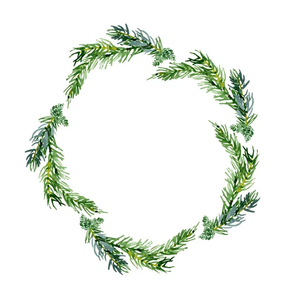 Nytt år, jul, festlig, spruce, barrträd krans. Dekoration för semestern. Krans av kvistar, leksaker, mandariner och cookies. Akvarell. Illustration — Stockfoto