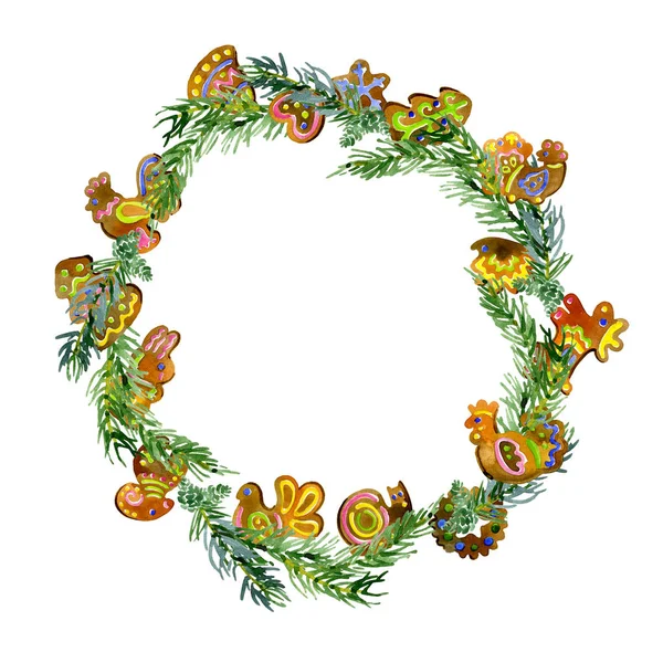 New Year, Christmas, festive, spruce, coniferous wreath. Decoration for the holiday. Garland of twigs, toys, mandarins and cookies. Watercolor. Illustration — Stock Photo, Image