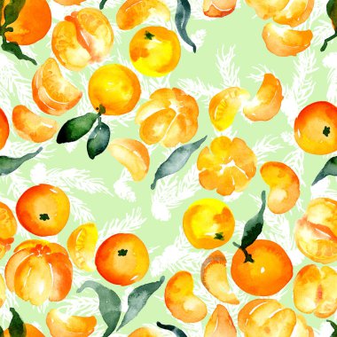 Noel desen. Mandalina ve Ladin. Noel. Suluboya. İllüstrasyon