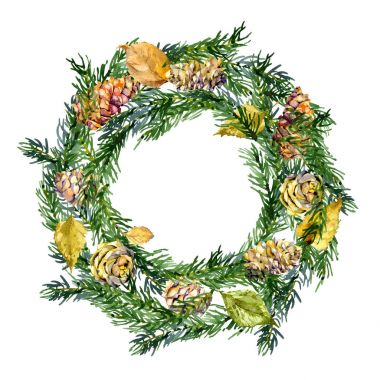 Şenlikli, yeni yıl, köknar çelengi. Noel, aile, kış çelengi. Kozalaklı, köknar, çam, koni ve tohum. Sonbahar, çürümüş, düşmüş yapraklar. Suluboya. Illüstrasyon