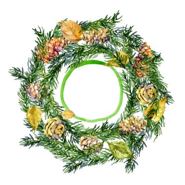 Şenlikli, yeni yıl, köknar çelengi. Noel, aile, kış çelengi. Kozalaklı, köknar, çam, koni ve tohum. Sonbahar, çürümüş, düşmüş yapraklar. Suluboya. Illüstrasyon