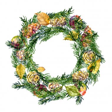 Şenlikli, yeni yıl, köknar çelengi. Noel, aile, kış çelengi. Kozalaklı, köknar, çam, koni ve tohum. Sonbahar, çürümüş, düşmüş yapraklar. Suluboya. Illüstrasyon