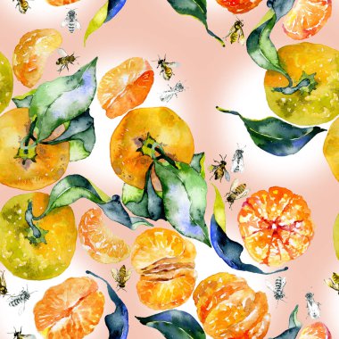 Güney, lezzetli, aromatik, fitrant mandalina ve bal, rustik, vahşi arılar suluboya. illüstrasyon