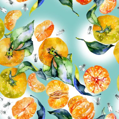 Güney, lezzetli, aromatik, fitrant mandalina ve bal, rustik, vahşi arılar suluboya. illüstrasyon