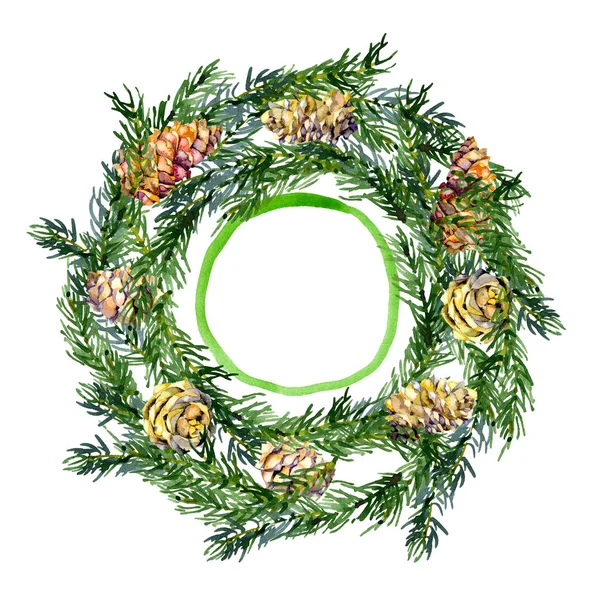 Festive, New Year, fir wreath. Christmas, family, winter garland. Coniferous, fir, pine, cones and seeds. Autumn, rotten, fallen leaves. Watercolor. Illustration — Stock Photo, Image