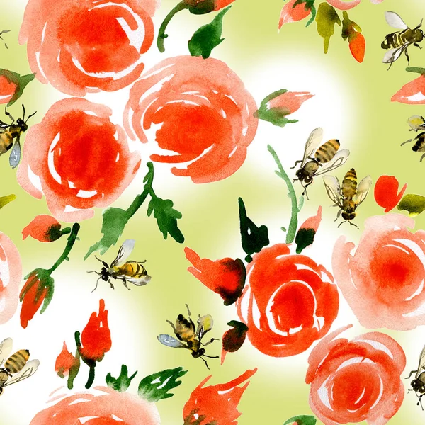 Delicadas, pequeñas, fragantes, rosas vintage y miel, rústicas, abejas silvestres. Acuarela. Ilustración — Foto de Stock