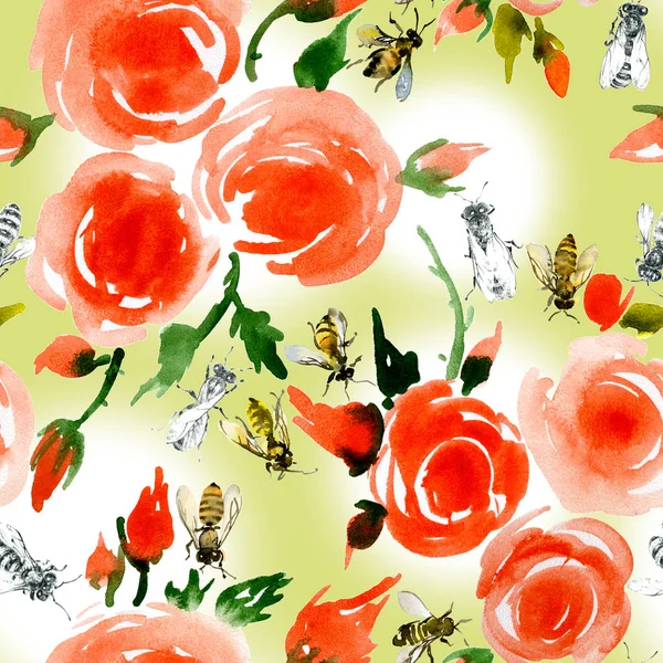 Delicadas, pequeñas, fragantes, rosas vintage y miel, rústicas, abejas silvestres. Acuarela. Ilustración — Foto de Stock