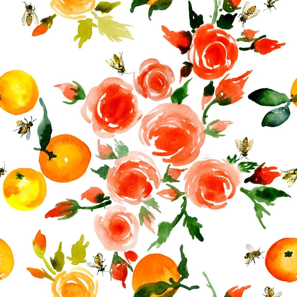 Fijne, kleine, geurige, oude rozen, honing, rustieke, wilde bijen, delicaat, geurige en smakelijke mandarijnen. Aquarel. illustratie — Stockfoto