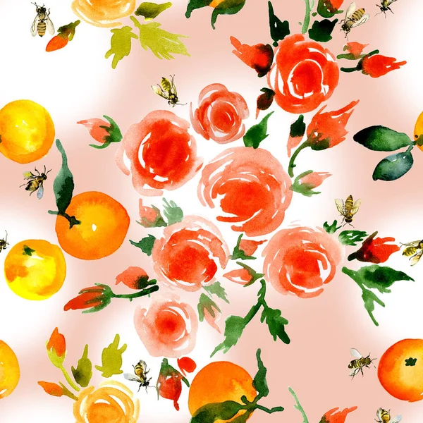 Malé, jemné, voňavé, starých růží, med, rustikální, divoké včely, jemné, chutné, voňavé mandarinek. Akvarelem. ilustrace — Stock fotografie