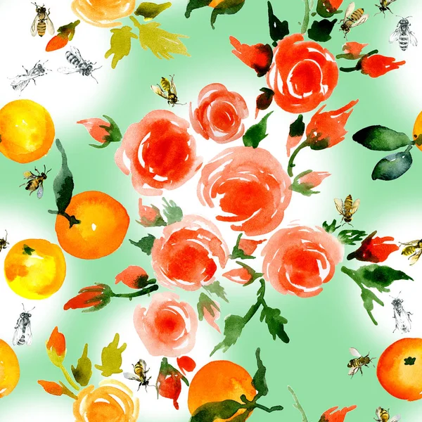 Fijne, kleine, geurige, oude rozen, honing, rustieke, wilde bijen, delicaat, geurige en smakelijke mandarijnen. Aquarel. illustratie — Stockfoto