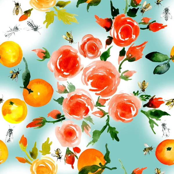 Delicado, pequeno, perfumado, rosas antigas, mel, rústico, abelhas selvagens, delicado, saboroso, tangerinas perfumadas. Aquarela. Ilustração — Fotografia de Stock