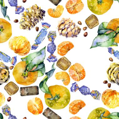 Yeni yıl, yılbaşı, koni ve tatlı şeker narenciye arka plan. Suluboya. İllüstrasyon