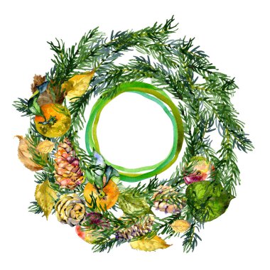 Şenlikli, yeni yıl, köknar çelengi. Noel, aile, kış çelengi. Kozalaklı, köknar, çam, koni ve tohum. Sonbahar, çürümüş, düşmüş yapraklar. Suluboya. Illüstrasyon