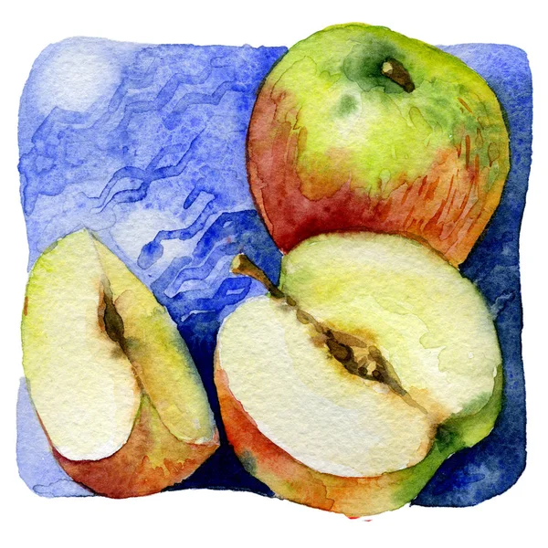 Olgun, lezzetli, sulu, yararlı, kırmızı, Bahçe elma. Suluboya. İllüstrasyon — Stok fotoğraf