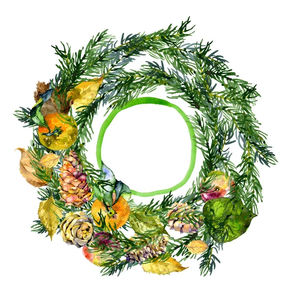 Feestelijk, Nieuwjaar, FIR krans. Kerstmis, familie, winter Garland. Naaldhout, spar, dennen, kegels en zaden. Herfst, rot, gevallen bladeren. Aquarel. Illustratie — Stockfoto