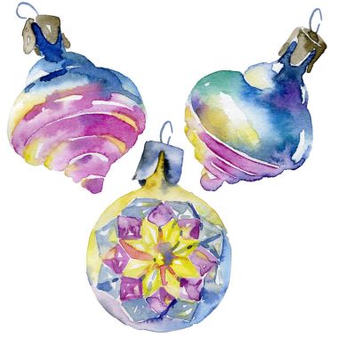 Yeni yıl, yılbaşı, tatil, Noel oyuncaklar ve figürler. Suluboya. İllüstrasyon