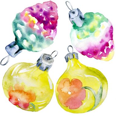 Yeni yıl, yılbaşı, tatil, Noel oyuncaklar ve figürler. Suluboya. İllüstrasyon