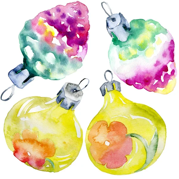 Yeni yıl, yılbaşı, tatil, Noel oyuncaklar ve figürler. Suluboya. İllüstrasyon