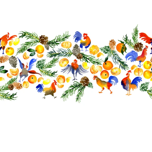 Nouvel An, Noël, fête, épinette, couronne de conifères. Décoration pour les vacances. Guirlande de brindilles, jouets, mandarines et biscuits. Aquarelle. Illustration — Photo