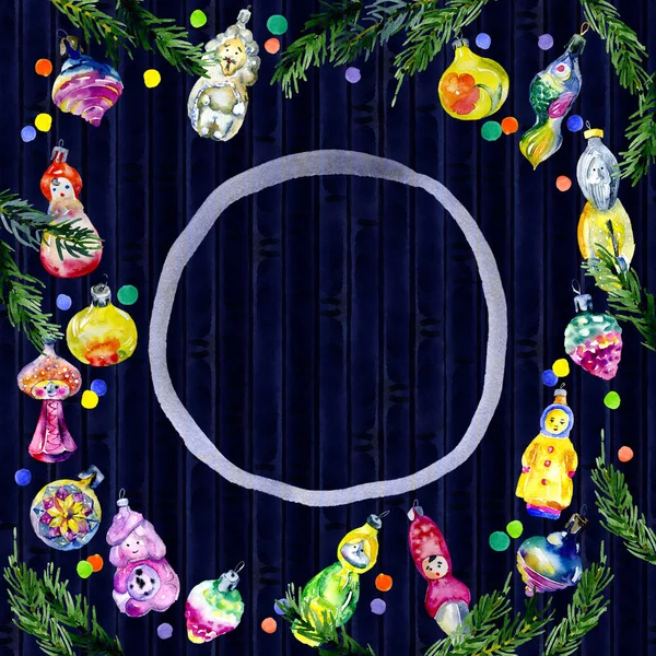 Новый год, Рождество, праздничная открытка с елочными игрушками и фигурками. Акварель. Иллюстрация — стоковое фото