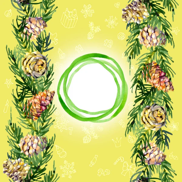 Natal, Natal, festivo, cartão vegetativo com os ramos de abeto, pinheiro e cones. Aquarela. Ilustração — Fotografia de Stock