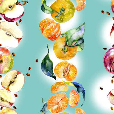 Bahçe, rustik, lezzetli elma. Olgun, Güney, portakal mandalina. Tatlım, vahşi arılar. suluboya. İllüstrasyon