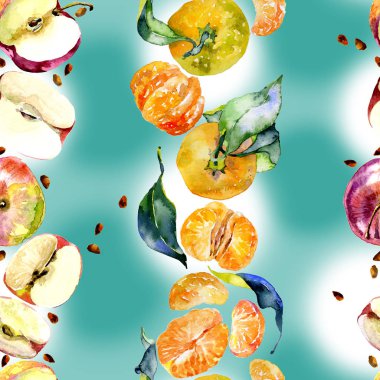 Bahçe, rustik, lezzetli elma. Olgun, Güney, portakal mandalina. Tatlım, vahşi arılar. suluboya. İllüstrasyon