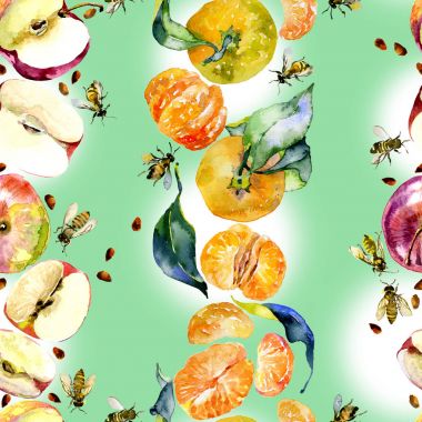 Bahçe, rustik, lezzetli elma. Olgun, Güney, portakal mandalina. Tatlım, vahşi arılar. suluboya. İllüstrasyon