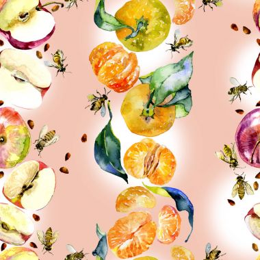 Bahçe, rustik, lezzetli elma. Olgun, Güney, portakal mandalina. Tatlım, vahşi arılar. suluboya. İllüstrasyon